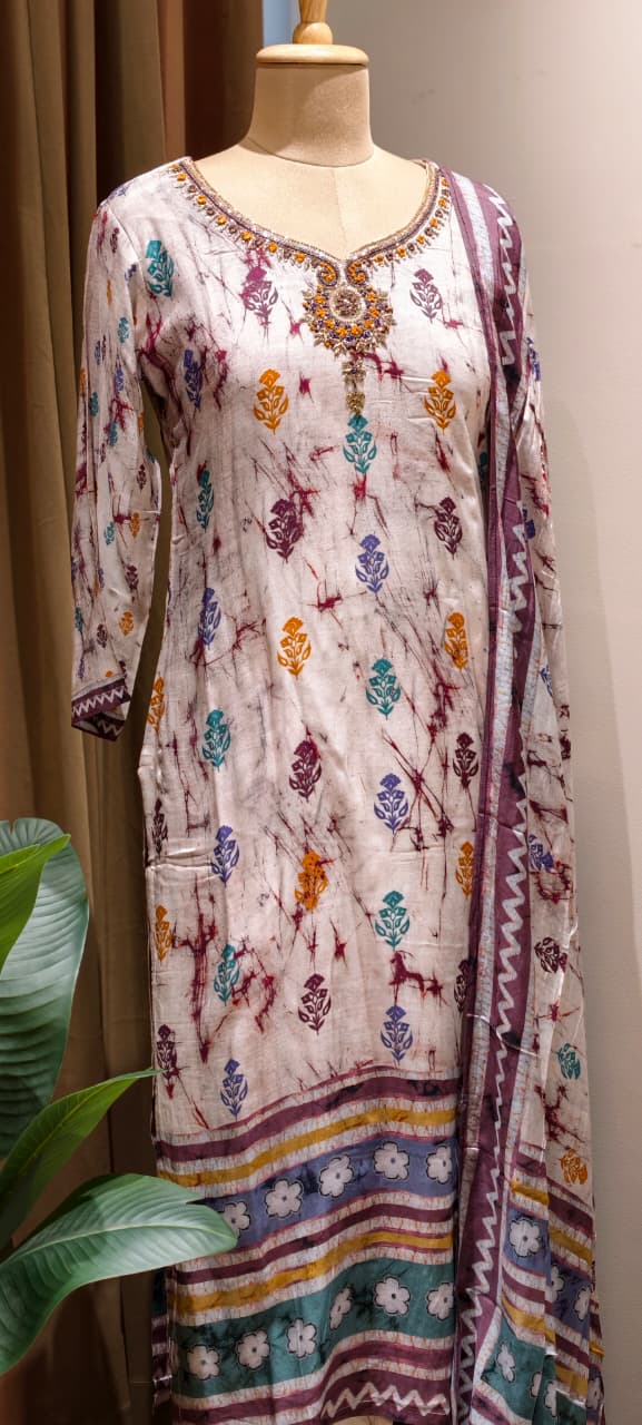 Ivory Fusion Embroidered Tie-Dye Full Suit Set with Dupatta In Muslin Fabric-LEAN FIT(ADVISIBLE NEXT SIZE)