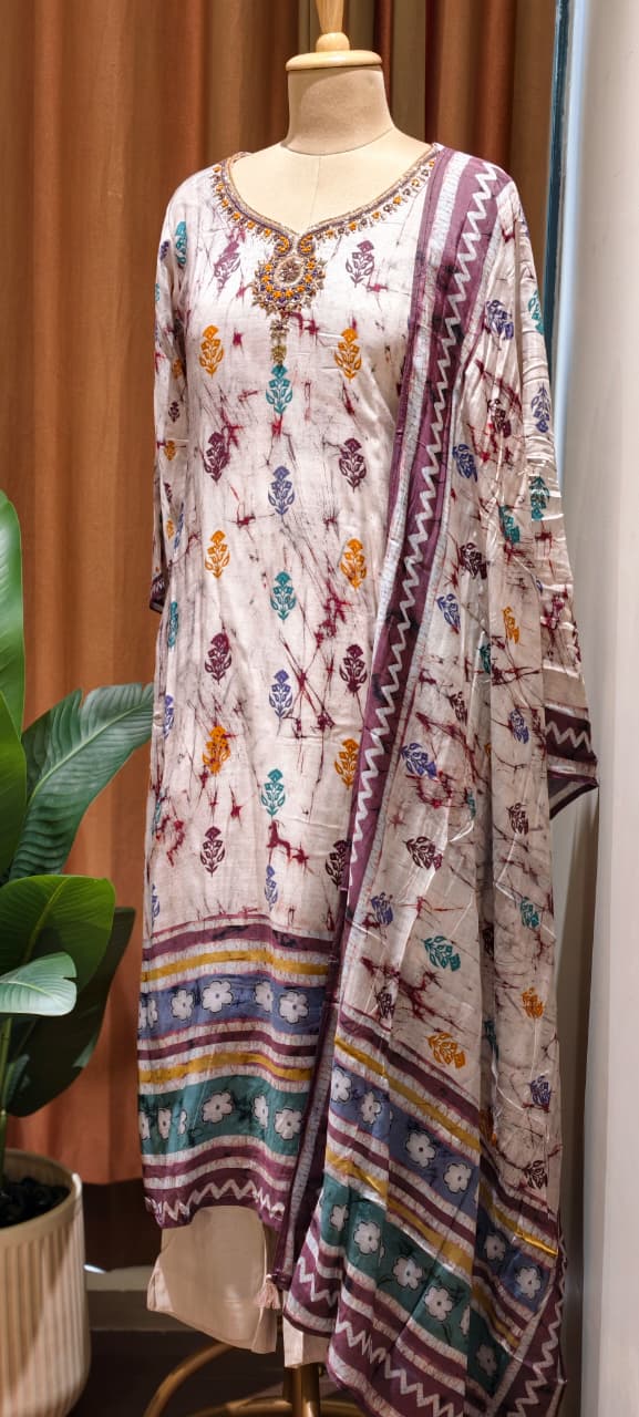 Ivory Fusion Embroidered Tie-Dye Full Suit Set with Dupatta In Muslin Fabric-LEAN FIT(ADVISIBLE NEXT SIZE)