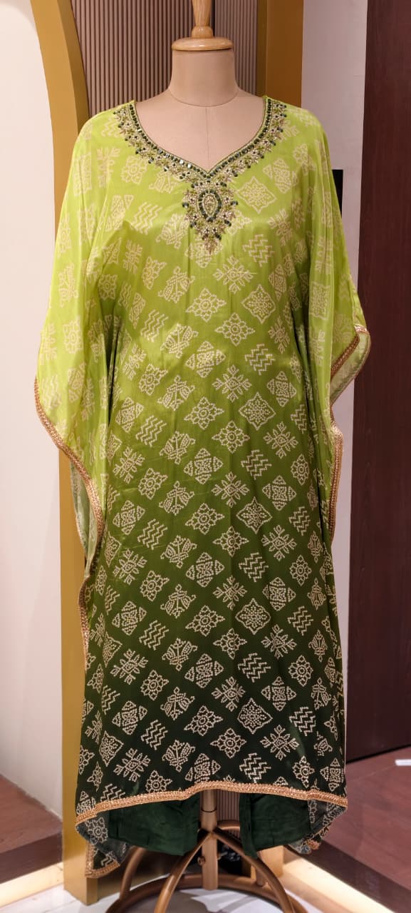 Dual Green Punch Mirror With Embroidery Neckline Printed Kaftan With Bottom In Crepe Fabric