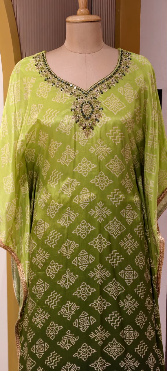 Dual Green Punch Mirror With Embroidery Neckline Printed Kaftan With Bottom In Crepe Fabric