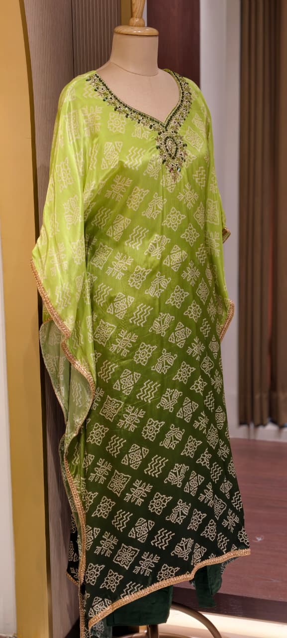 Dual Green Punch Mirror With Embroidery Neckline Printed Kaftan With Bottom In Crepe Fabric
