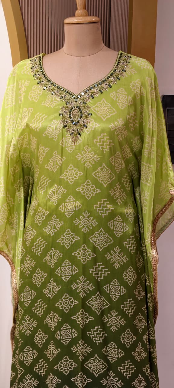 Dual Green Punch Mirror With Embroidery Neckline Printed Kaftan With Bottom In Crepe Fabric
