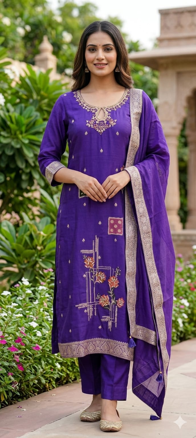 Detailed Floral Yoke Embroidery Lavender Purple Geometric Print Russian Silk Full Suit Set