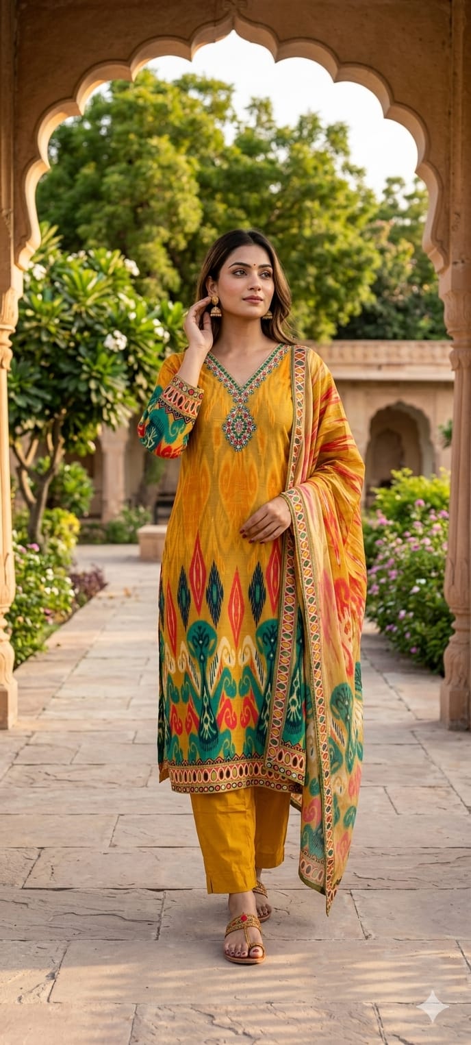 Intricate Zardosi & Stone Work Radiant Vibrant Ikat Print Russian Silk Full Suit Set with Dupatta