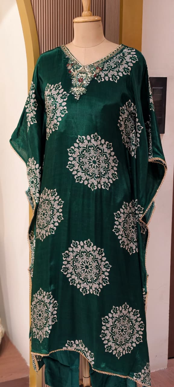 Rounded Floral Block Prints Zardosi Neckline Kaftan With Bottom In Crepe Fabric