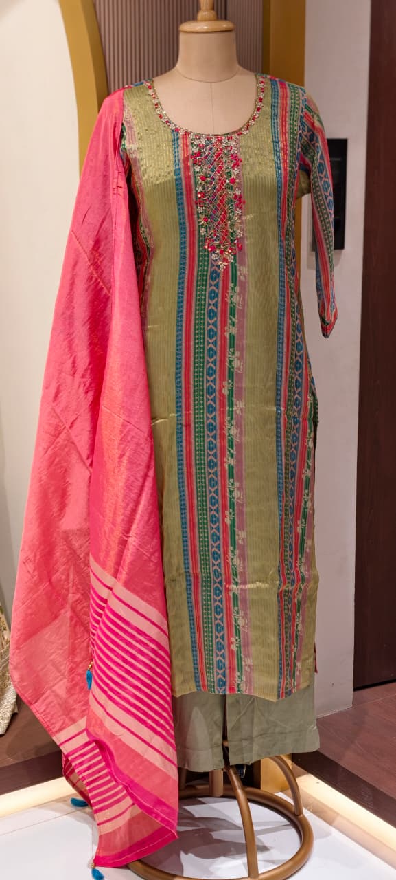 Tissue Elegant Olive Green Multicolor Striped Embroidered Straight Kurta with Bottom And Dupatta-14889-LEAN FIT(ADVISIBLE NEXT SIZE)