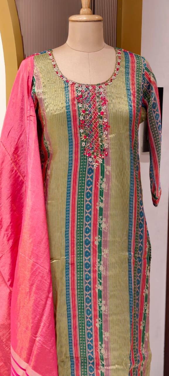 Tissue Elegant Olive Green Multicolor Striped Embroidered Straight Kurta with Bottom And Dupatta-14889-LEAN FIT(ADVISIBLE NEXT SIZE)
