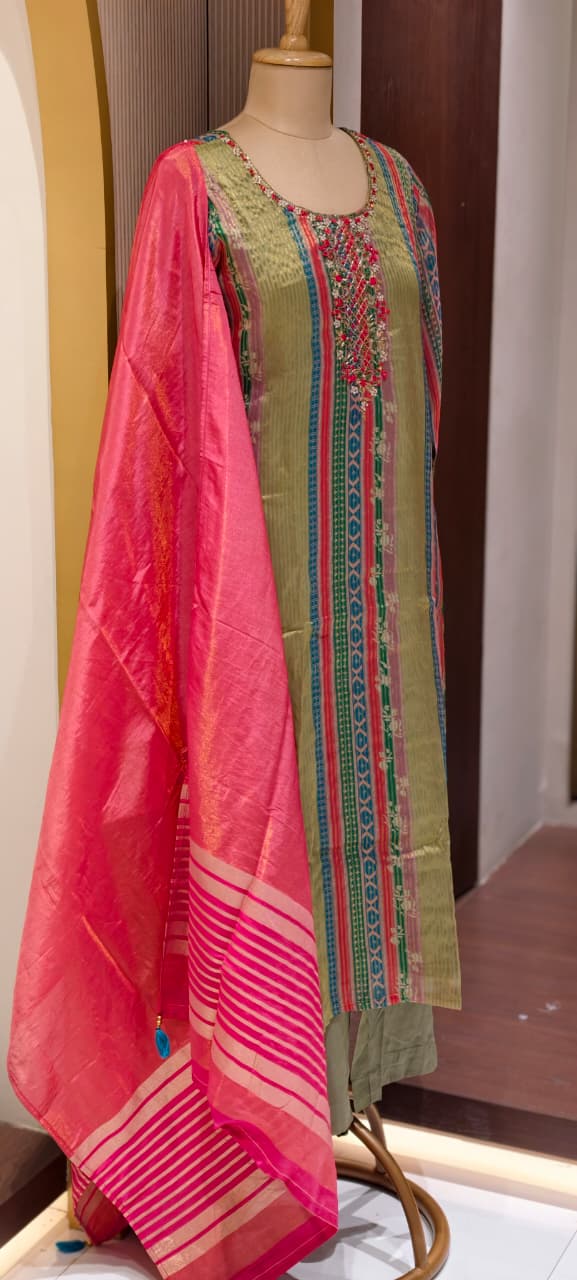 Tissue Elegant Olive Green Multicolor Striped Embroidered Straight Kurta with Bottom And Dupatta-14889-LEAN FIT(ADVISIBLE NEXT SIZE)
