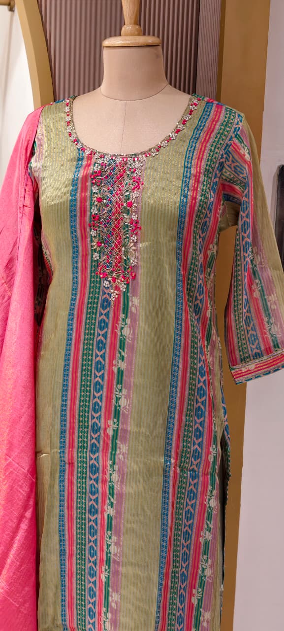Tissue Elegant Olive Green Multicolor Striped Embroidered Straight Kurta with Bottom And Dupatta-14889-LEAN FIT(ADVISIBLE NEXT SIZE)