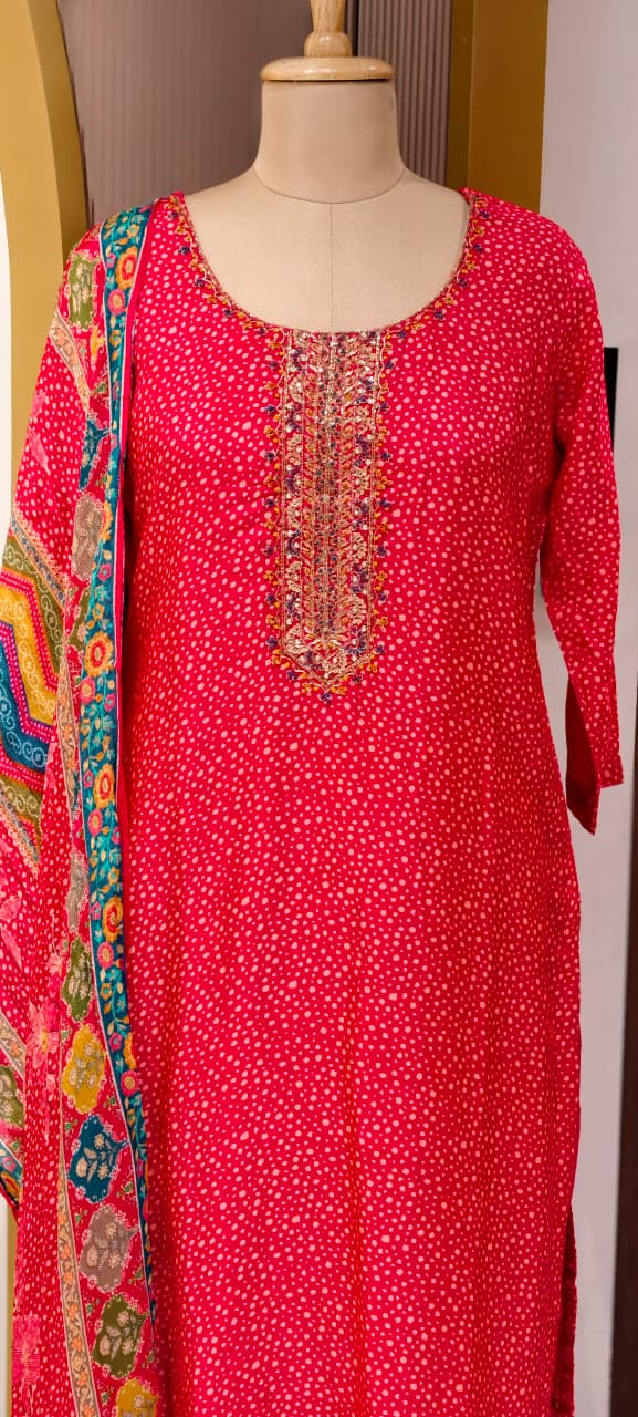 Abstract Colorful Dupatta With Scattered Polka Dotted Russian Silk Full Suit Set