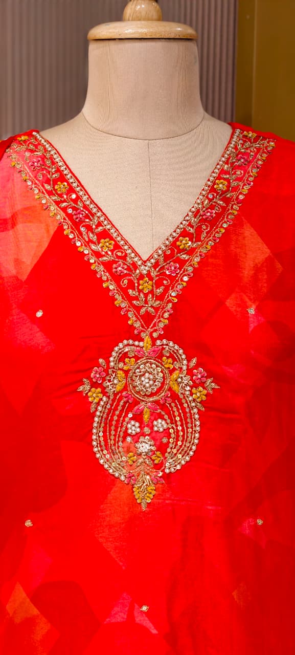 Majestic Delicate Floral Threadwork Motifs Vibrant Russian Silk Full Suit Set With Dupatta-LEAN FIT(ADVISIBLE NEXT SIZE)