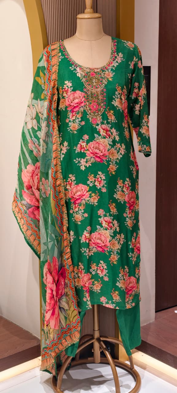 Zardosi Neckline Emerald Garden Floral Print Full Suit Set with Dupatta In Russian Silk Fabric-LEAN FIT(ADVISIBLE NEXT SIZE)
