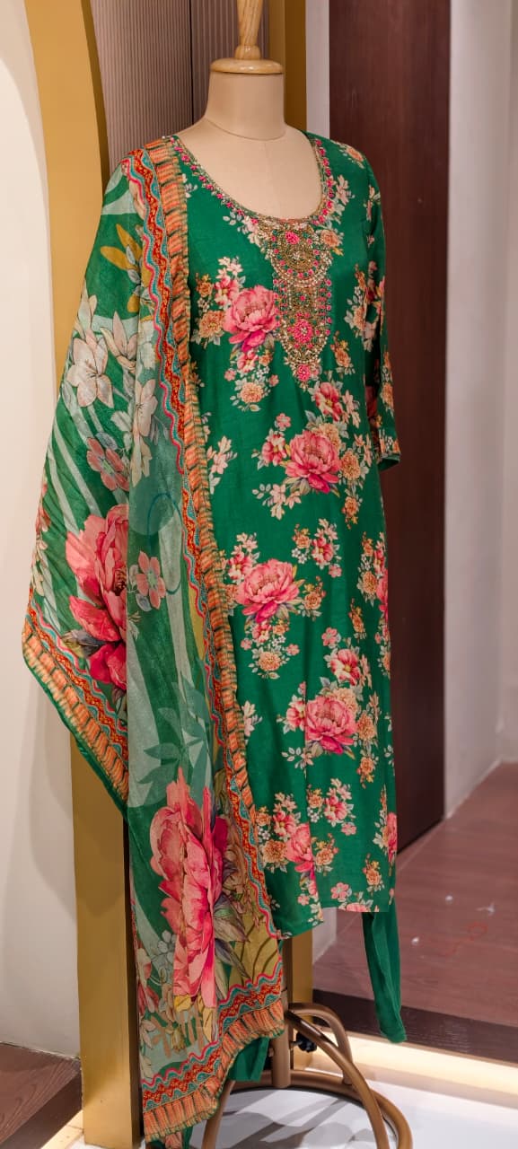 Zardosi Neckline Emerald Garden Floral Print Full Suit Set with Dupatta In Russian Silk Fabric-LEAN FIT(ADVISIBLE NEXT SIZE)