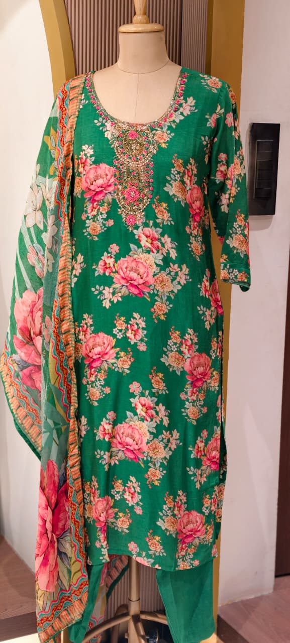 Zardosi Neckline Emerald Garden Floral Print Full Suit Set with Dupatta In Russian Silk Fabric-LEAN FIT(ADVISIBLE NEXT SIZE)