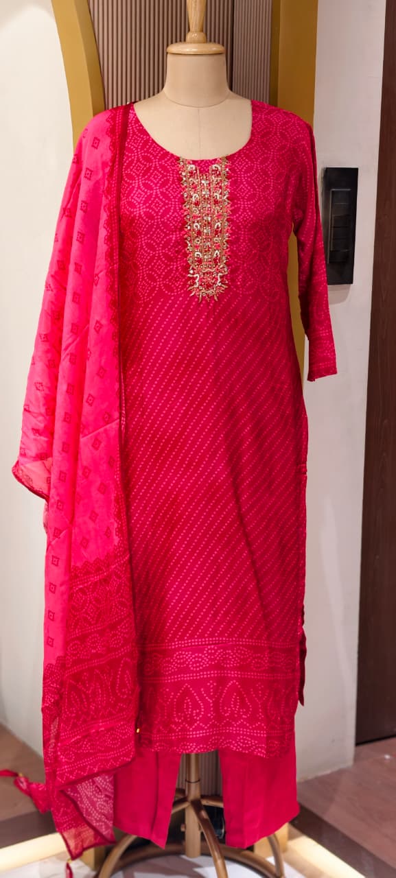 Bandhej Vneck Motifs Intricate Zari Accent Yoke Russian Silk Full Suit Set Wth Dupatta-