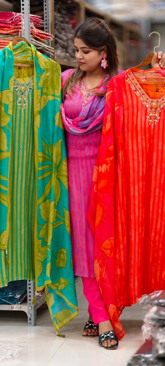 Summer Candy Vibrant-Striped Organza Full Suit Set With Dupatta with Floral Festive Yoke LEAN FIT(ADVISIBLE NEXT SIZE)