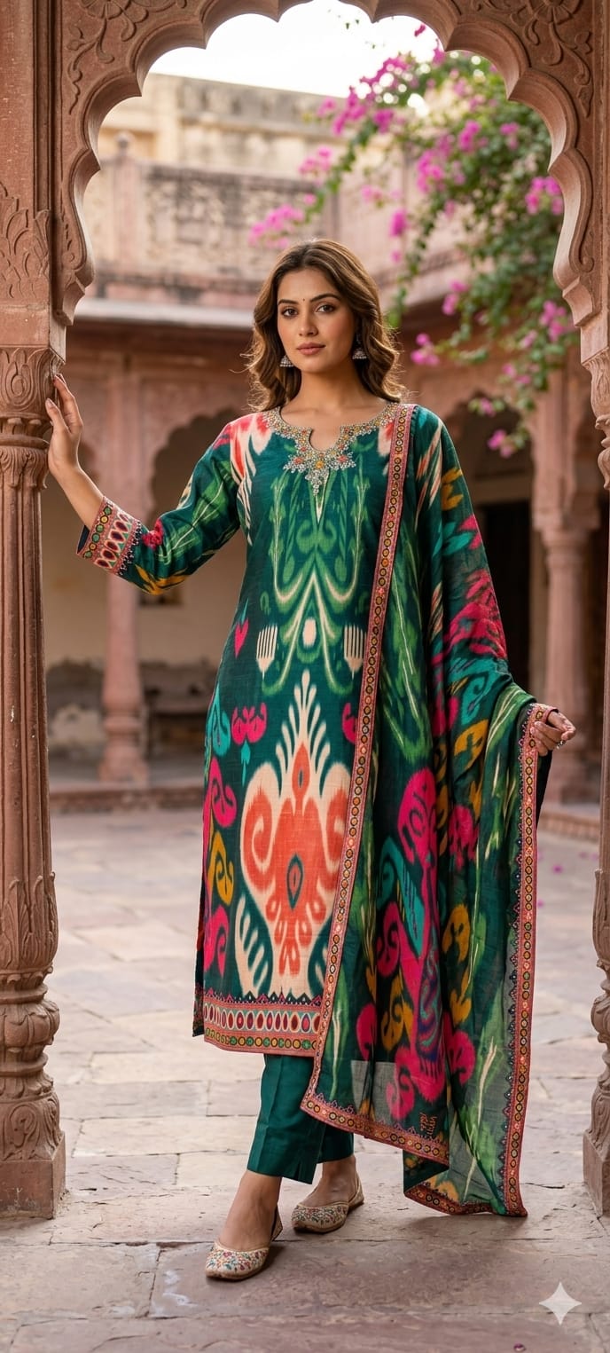 Ornate Crystal & Bead Work Midnight Emerald Royal Ikat Print Full Suit Set with Dupatta