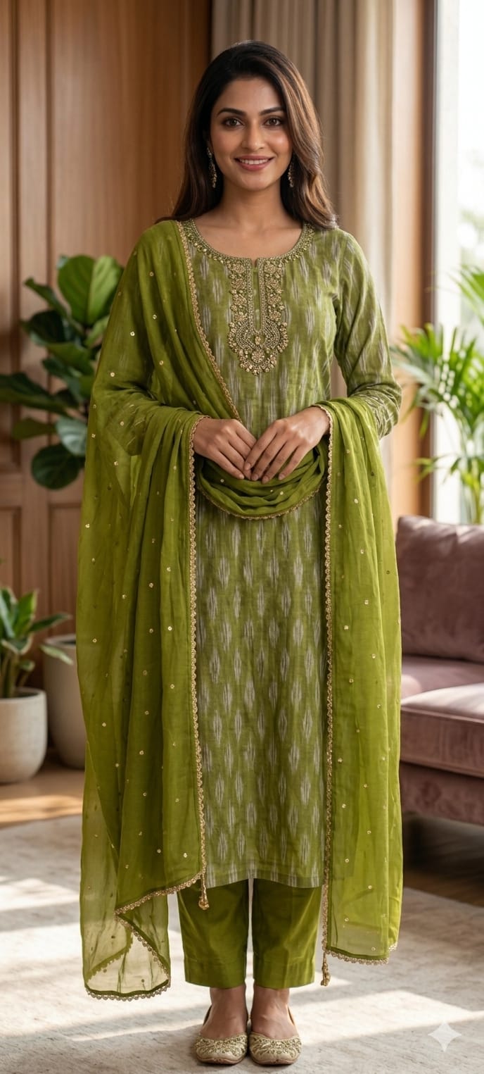 Moss Green Textured Ikat Pattern Full Suit Set with Zardosi Embroidered Neck