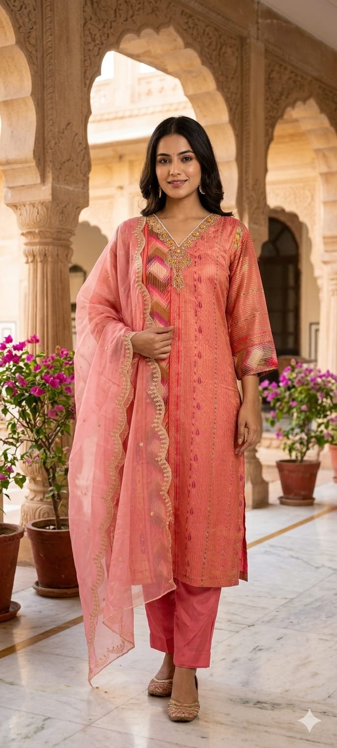Tissue Elegance Golden Classic Striped Full Suit Set With Dupatta & Embellished Neckline