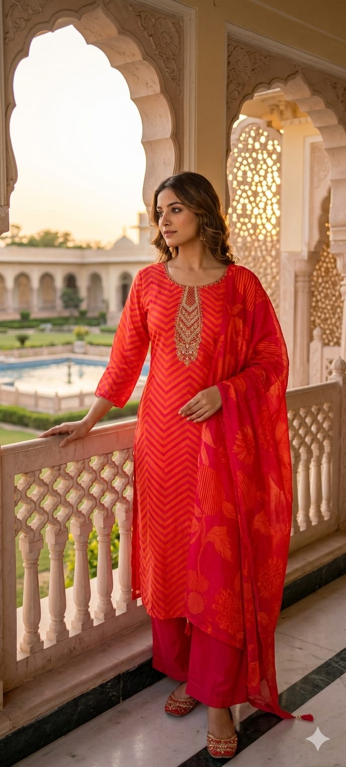 Sunset Crimson Festive Leheriya Full Suit Set with Premium Hand-Crafted Neckline
