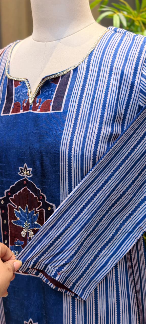 Zari Accent Indigo Heritage Mughal Arch Printed Muslin Full Suit Set with Dupatta Zari Accent