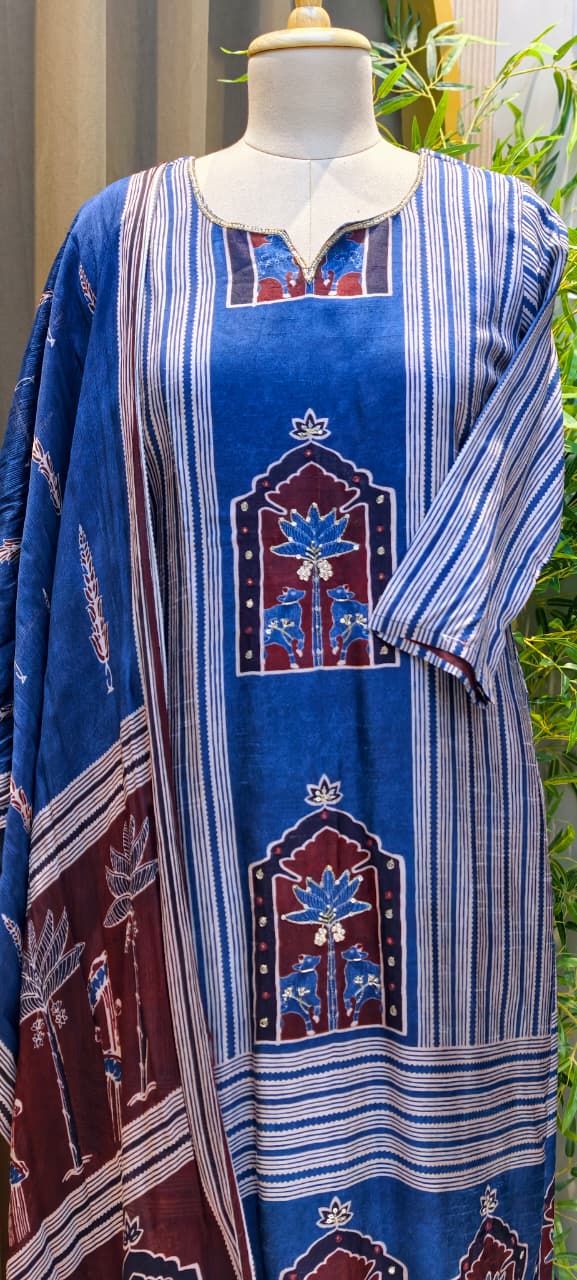 Zari Accent Indigo Heritage Mughal Arch Printed Muslin Full Suit Set with Dupatta Zari Accent
