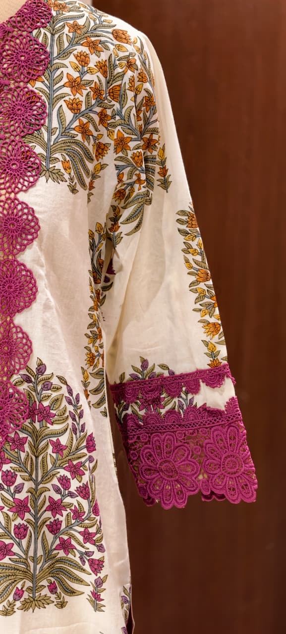 Floral Block Print Straight Cotton Full Suit Set With Dupatta With Crochet Lace Detailing- 14904