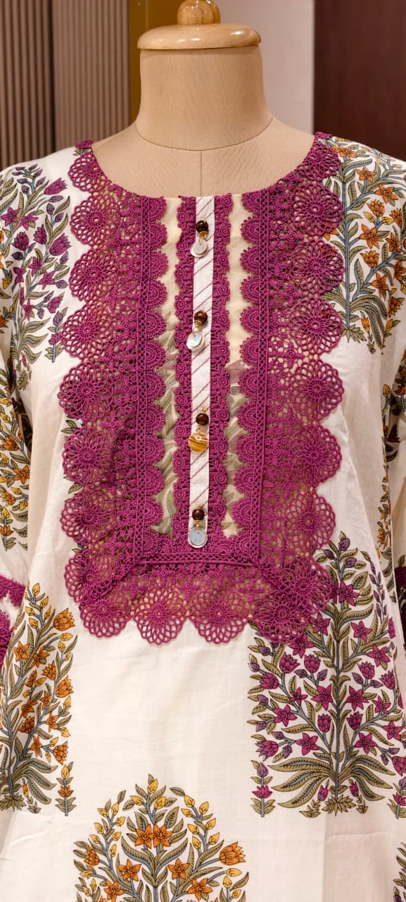 Floral Block Print Straight Cotton Full Suit Set With Dupatta With Crochet Lace Detailing- 14904