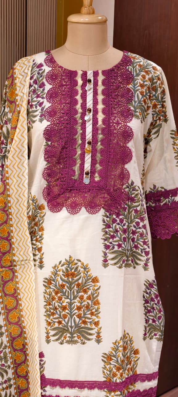 Floral Block Print Straight Cotton Full Suit Set With Dupatta With Crochet Lace Detailing- 14904