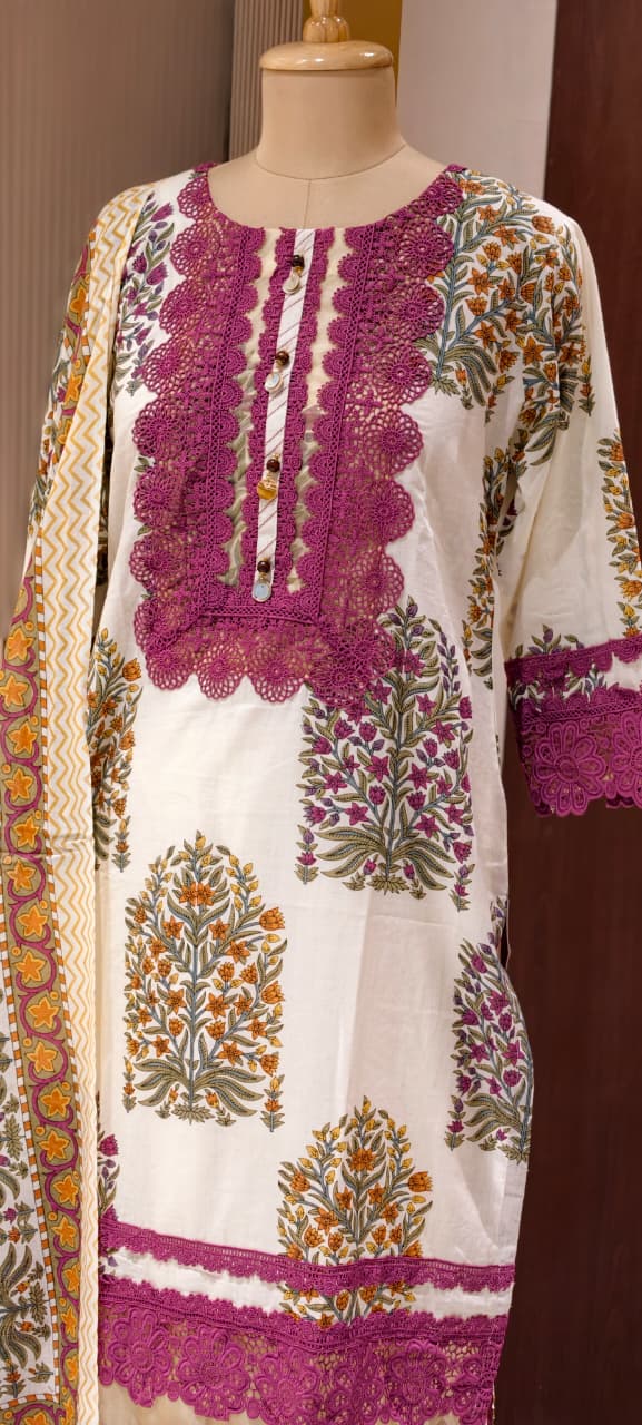 Floral Block Print Straight Cotton Full Suit Set With Dupatta With Crochet Lace Detailing- 14904