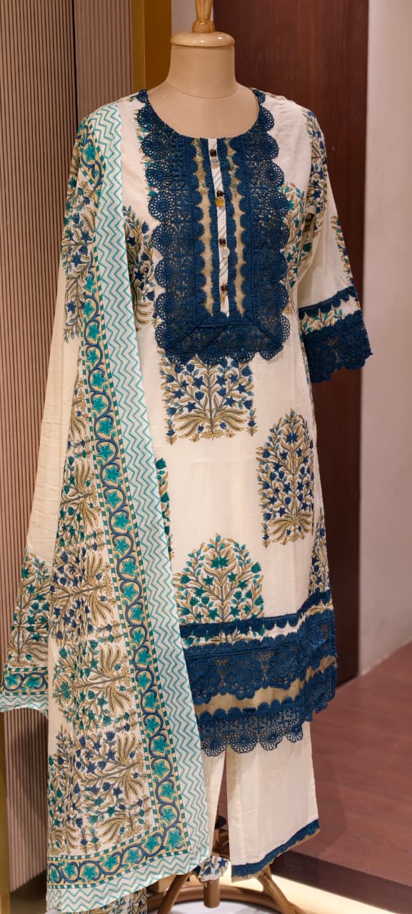 Floral Block Print Straight Cotton Full Suit Set With Dupatta With Crochet Lace Detailing- 14904