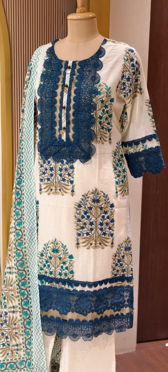 Floral Block Print Straight Cotton Full Suit Set With Dupatta With Crochet Lace Detailing- 14904