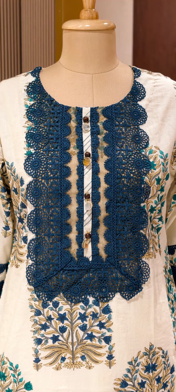 Floral Block Print Straight Cotton Full Suit Set With Dupatta With Crochet Lace Detailing- 14904