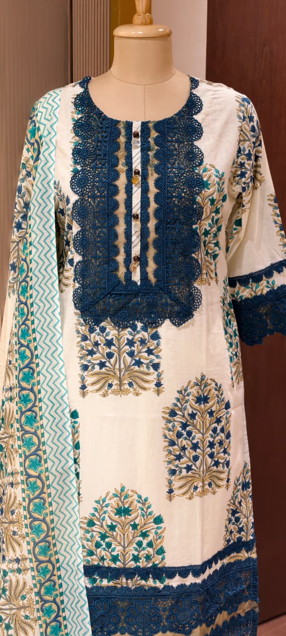 Floral Block Print Straight Cotton Full Suit Set With Dupatta With Crochet Lace Detailing- 14904