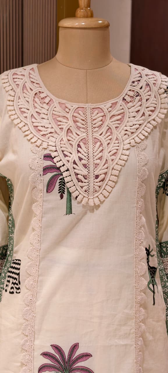 Tropical Safari Figure With Block Print A-Line Cotton Full Suit Set with Macramé Lace Yoke- 14903