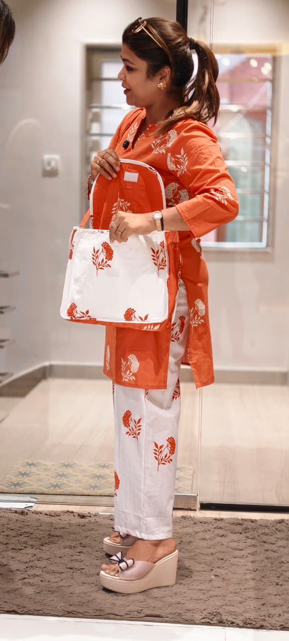 Floral Block Print Dual Color Cotton Co-ord Set with Matching Bag- 14901