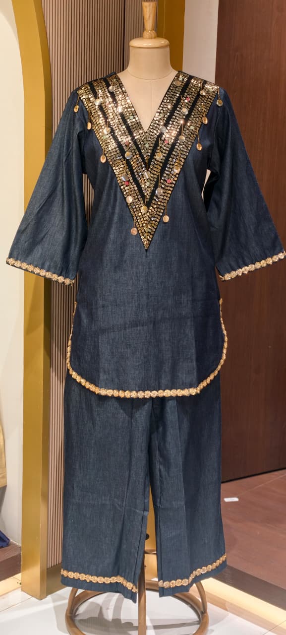Nightmere Denim Look Co-Ord Set with Heavy Sequin and Coin-Embellished V-Neck- 14876