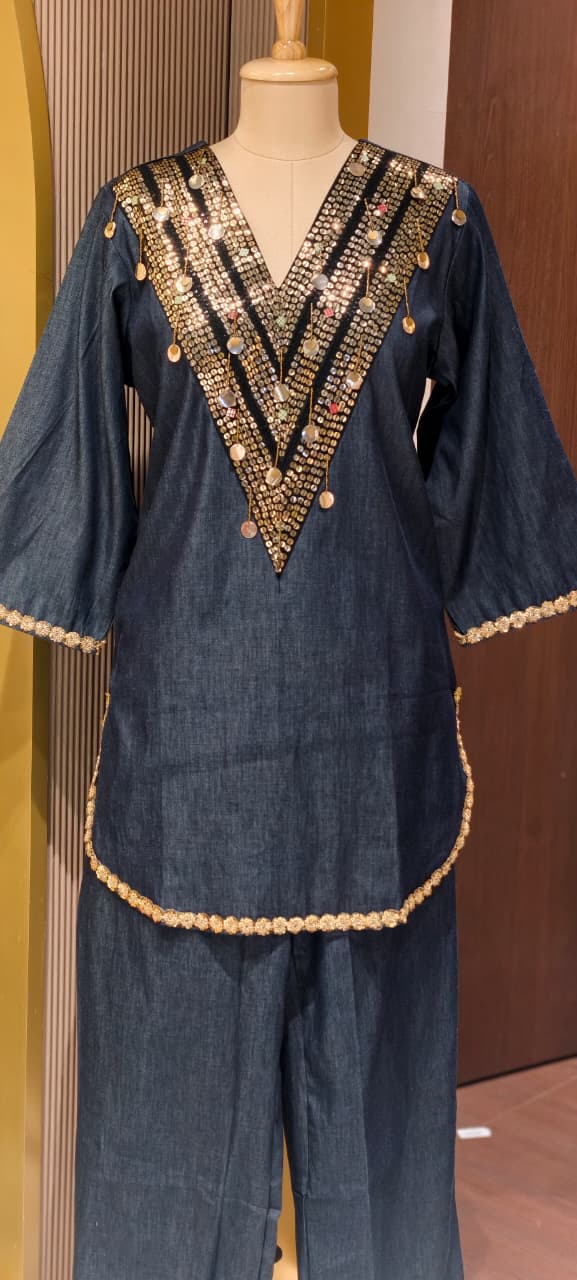 Nightmere Denim Look Co-Ord Set with Heavy Sequin and Coin-Embellished V-Neck- 14876