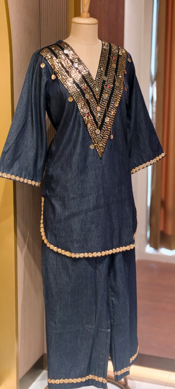 Nightmere Denim Look Co-Ord Set with Heavy Sequin and Coin-Embellished V-Neck- 14876