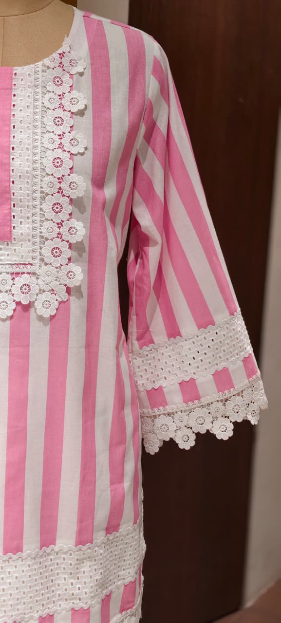 Premium Cotton Candy Stripe Short Length Co-Ord Set with Floral Eyelet Lace- 14881