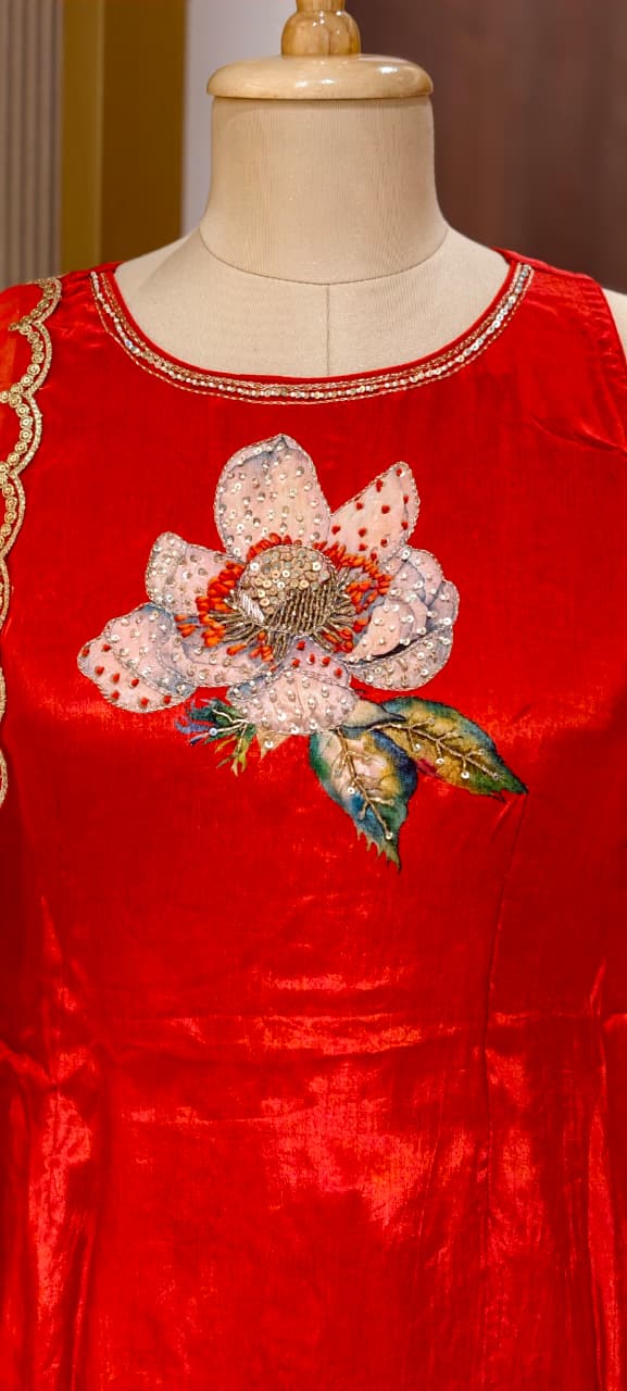 Premium Red Festive Short Length Kurti and Flared Palazzo Bottom Set with Floral Patchwork(S-