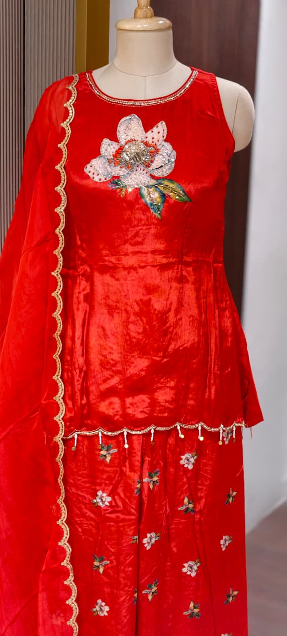 Premium Red Festive Short Length Kurti and Flared Palazzo Bottom Set with Floral Patchwork(S-