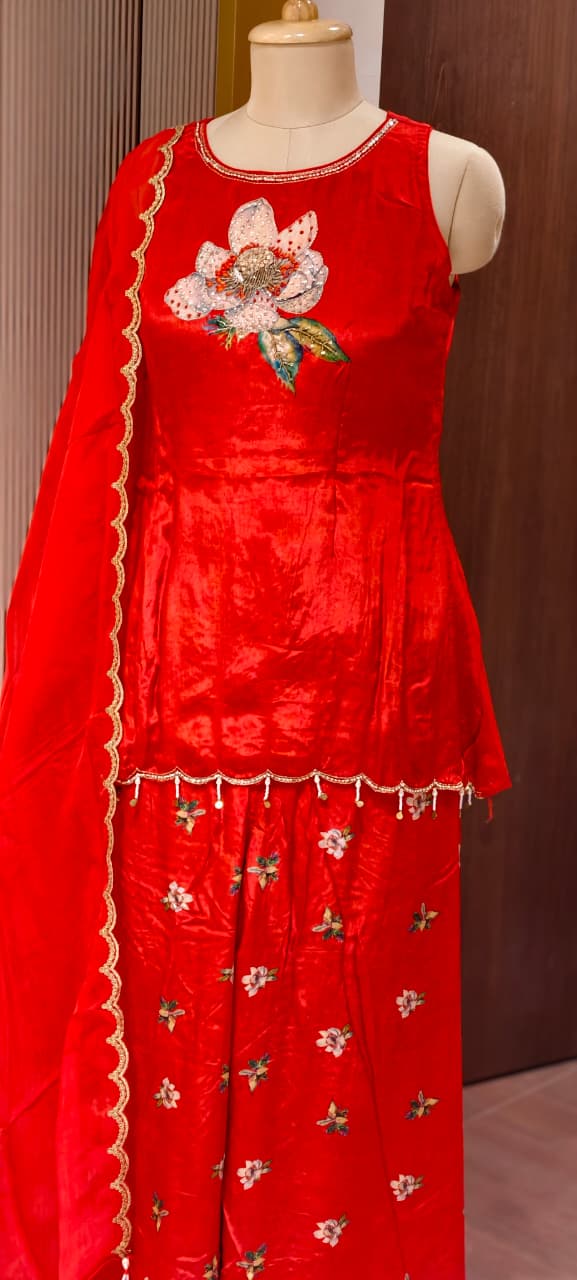 Premium Red Festive Short Length Kurti and Flared Palazzo Bottom Set with Floral Patchwork(S-