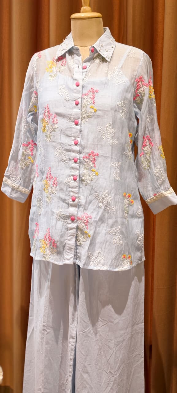 Fine Intricate Floral Embroidery Pastel Glance Chanderi Co-Ord Set With Inner- 14921
