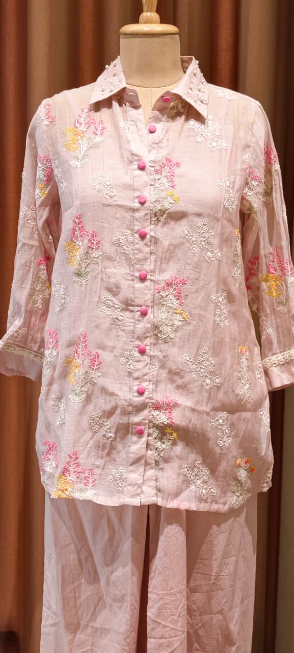 Fine Intricate Floral Embroidery Pastel Glance Chanderi Co-Ord Set With Inner- 14921