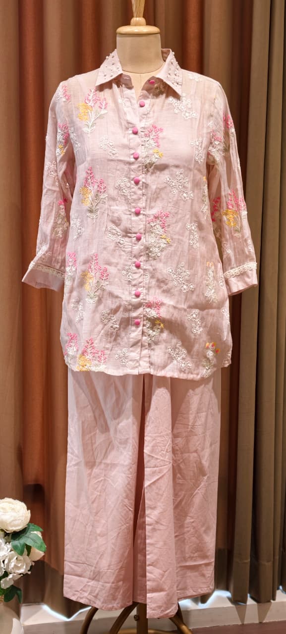 Fine Intricate Floral Embroidery Pastel Glance Chanderi Co-Ord Set With Inner- 14921