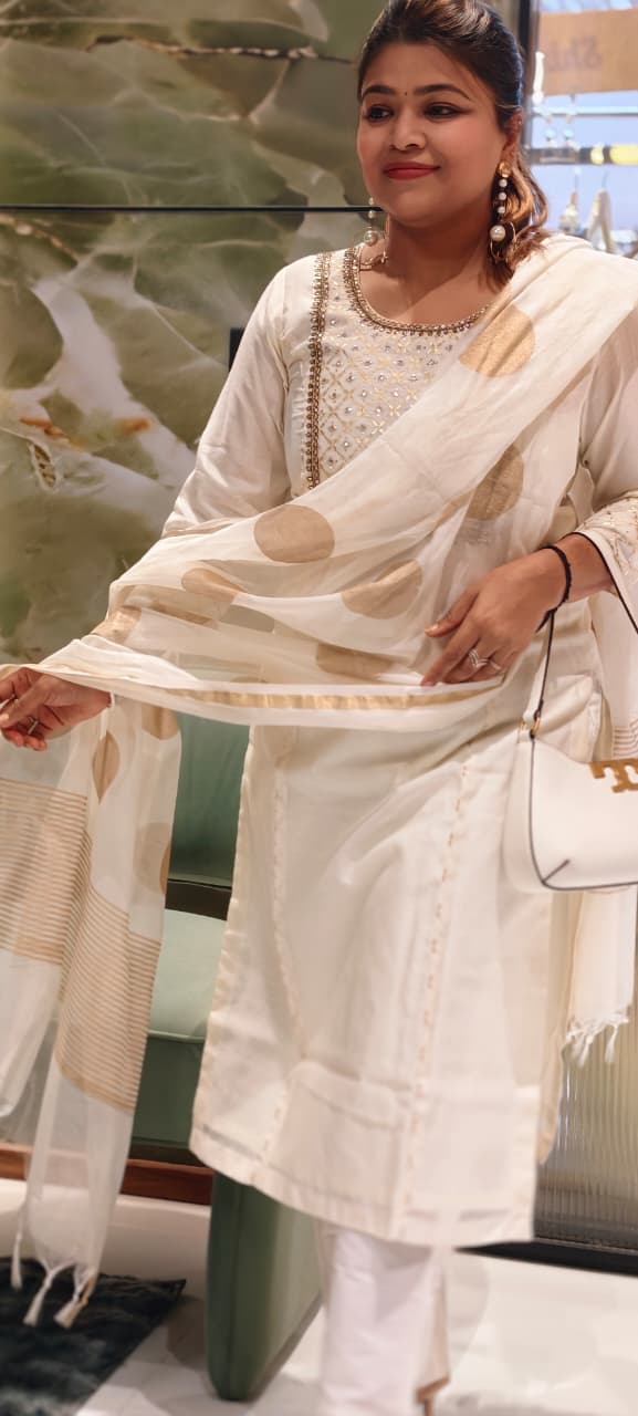 Pure Chanderi Elegant Off-White & Gold Embellished Full Suit Set with Statement Dupatta- 14922