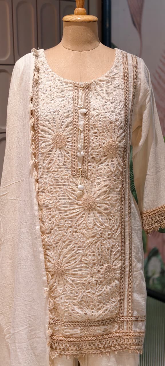 Ivory Floral Cutwork Embroidered 3-Piece Full Suit Set with Seashell Accents -14898