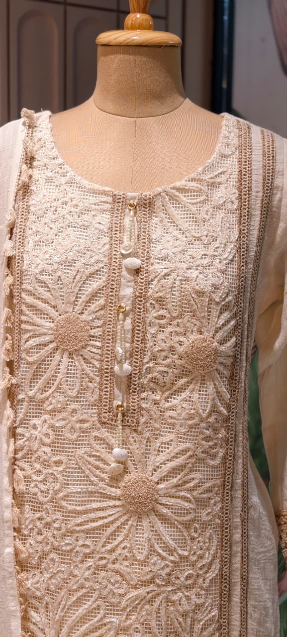Ivory Floral Cutwork Embroidered 3-Piece Full Suit Set with Seashell Accents -14898
