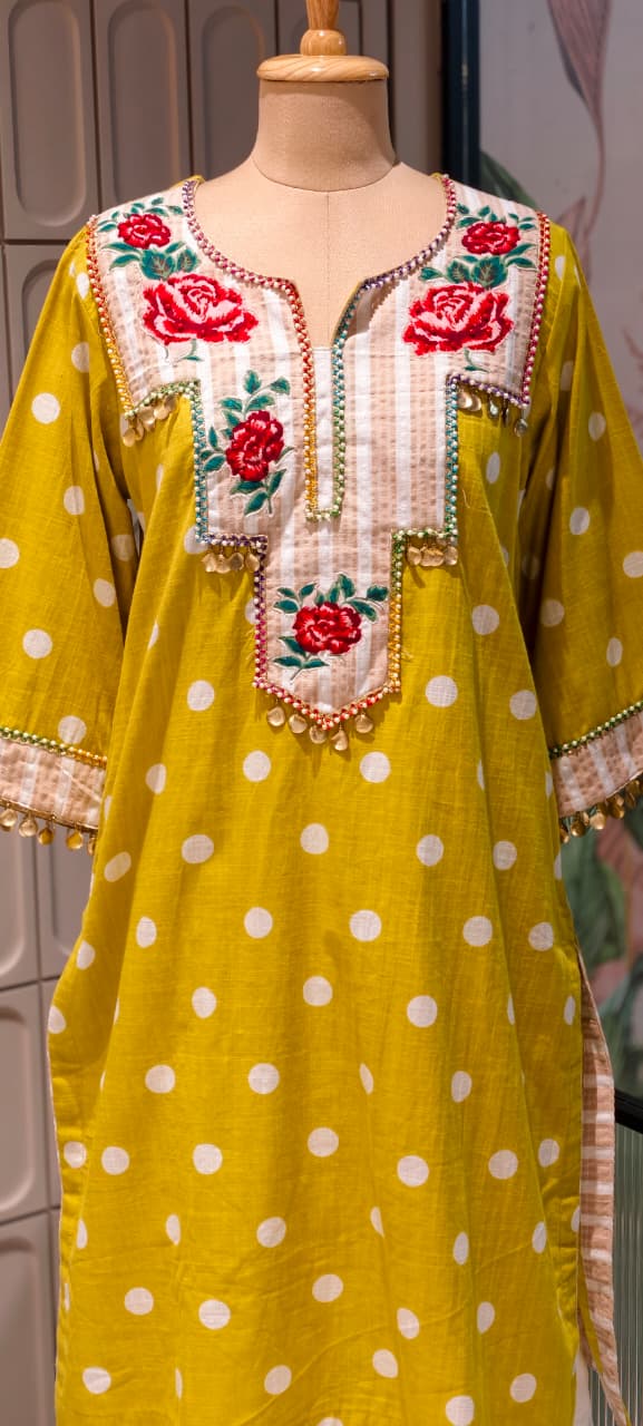 Boho Chic Vibrant Polka Dot Cotton Kurta Pant Set with Floral Patchwork- 14878